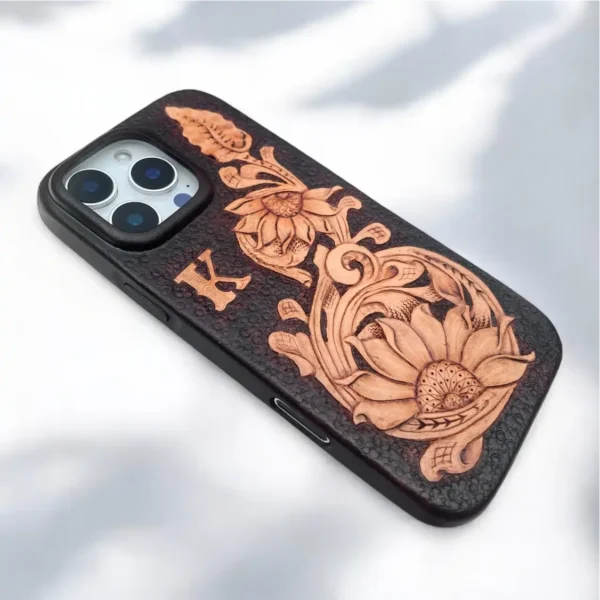 BridleBlack Handcrafted Sunflower iPhone Leather Case Carving | Personalized Gift & MagSafe Compatible" - Image 2