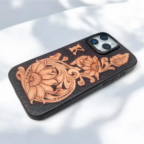 BridleBlack Handcrafted Sunflower iPhone Leather Case Carving | Personalized Gift & MagSafe Compatible" - Image 3