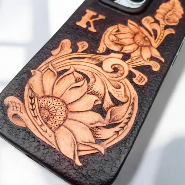 BridleBlack Handcrafted Sunflower iPhone Leather Case Carving | Personalized Gift & MagSafe Compatible" - Image 5
