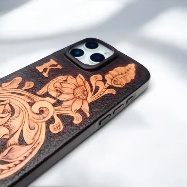 BridleBlack Handcrafted Sunflower iPhone Leather Case Carving | Personalized Gift & MagSafe Compatible" - Image 6