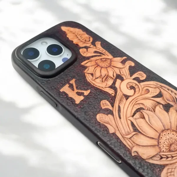BridleBlack Handcrafted Sunflower iPhone Leather Case Carving | Personalized Gift & MagSafe Compatible" - Image 7