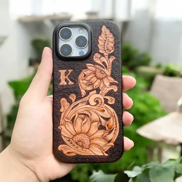BridleBlack Handcrafted Sunflower iPhone Leather Case Carving | Personalized Gift & MagSafe Compatible" - Image 8