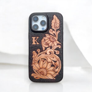 BridleBlack iPhone leather case carving Sunflower.