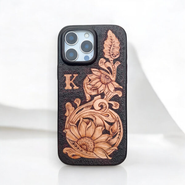 BridleBlack iPhone leather case carving Sunflower.