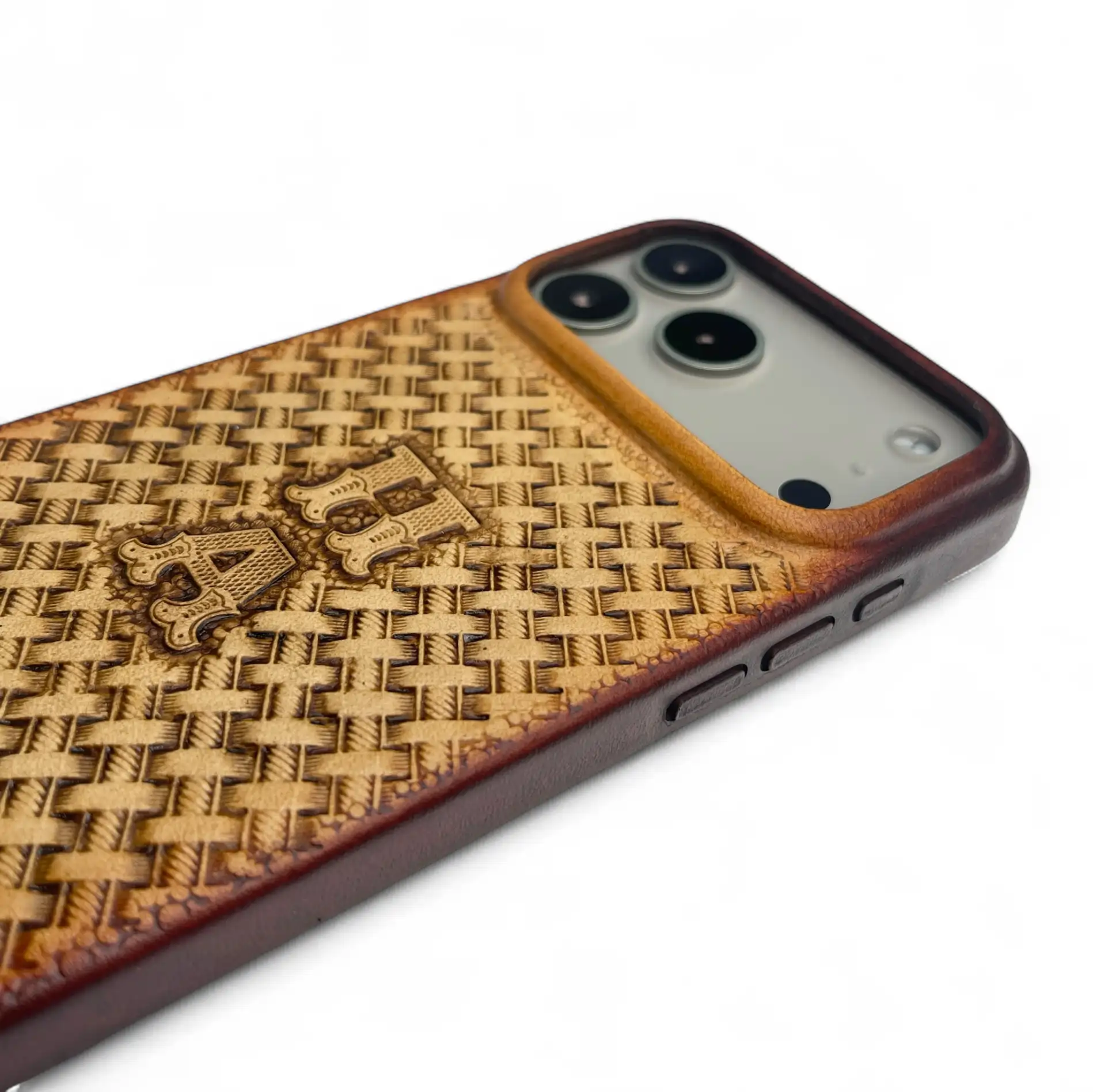 BridleBlack Handcrafted iPhone Leather Case Carving – Personalized Basket Weave Design - Image 2